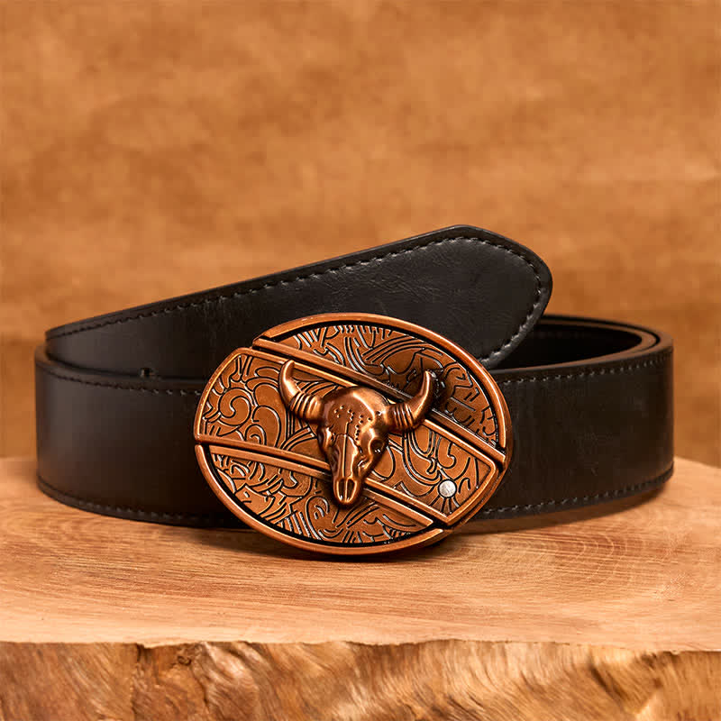 Men's DIY Red Bronze Longhorn Bull Hidden Folding Knife Leather Belt - Longhorn Bull - Black PU Belt - 42 - image 4