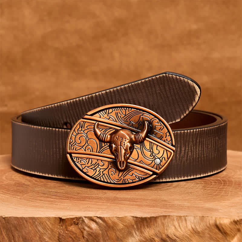 Men's DIY Red Bronze Longhorn Bull Hidden Folding Knife Leather Belt - Longhorn Bull - Brown Distressed Belt - 42 - image 9