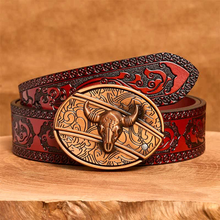 Men's DIY Red Bronze Longhorn Bull Hidden Folding Knife Leather Belt - Longhorn Bull - Brown Carved Belt - 42 - image 7