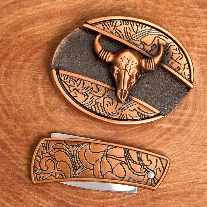 Men's DIY Red Bronze Longhorn Bull Hidden Folding Knife Leather Belt - image 3