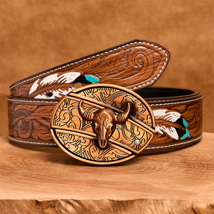 Men's DIY Red Bronze Longhorn Bull Hidden Folding Knife Leather Belt - Longhorn Bull - Brown Feather Belt - 40 - image 9