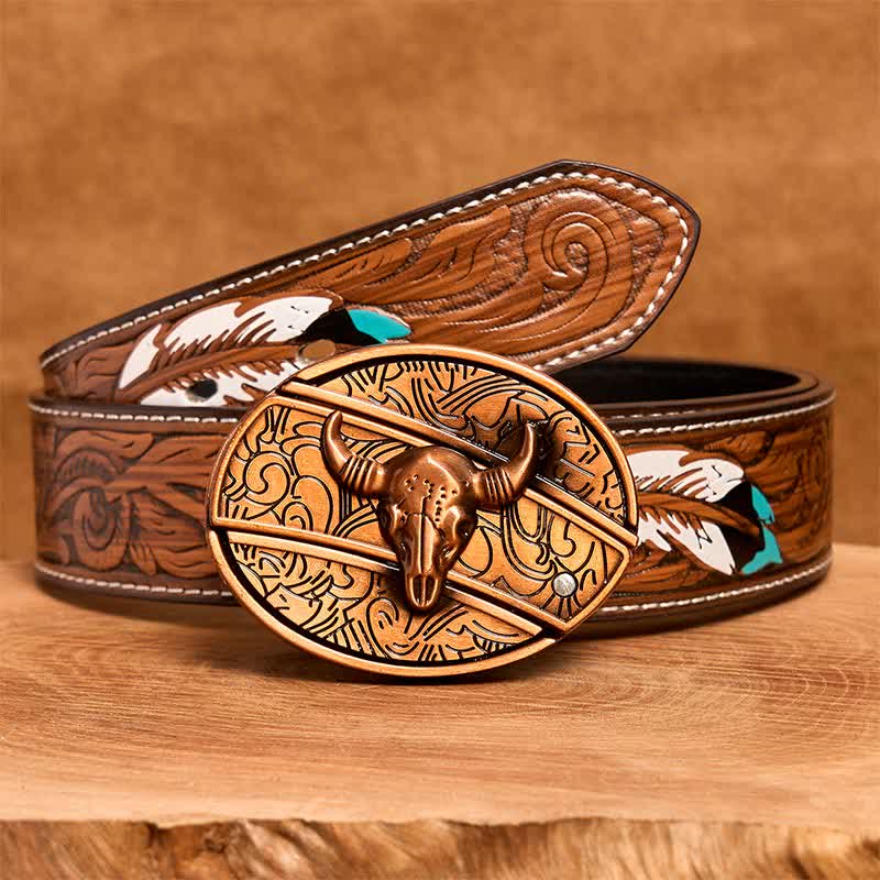 Men's DIY Red Bronze Longhorn Bull Hidden Folding Knife Leather Belt - Longhorn Bull - Brown Feather Belt - 40 - image 9