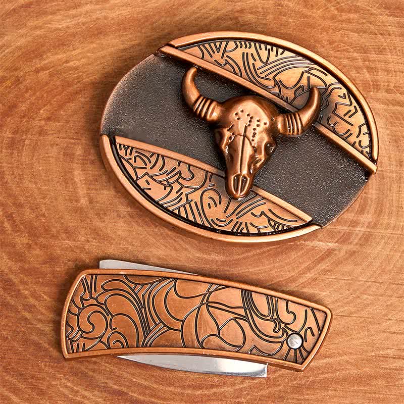 Men's DIY Red Bronze Longhorn Bull Hidden Folding Knife Leather Belt - image 3
