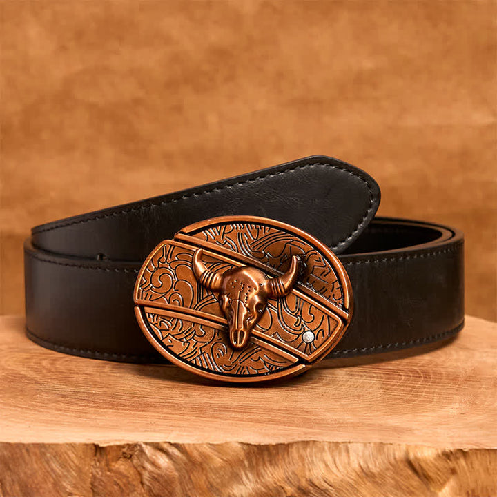 Men's DIY Red Bronze Longhorn Bull Hidden Folding Knife Leather Belt - Longhorn Bull - Black PU Belt - 42 - image 4