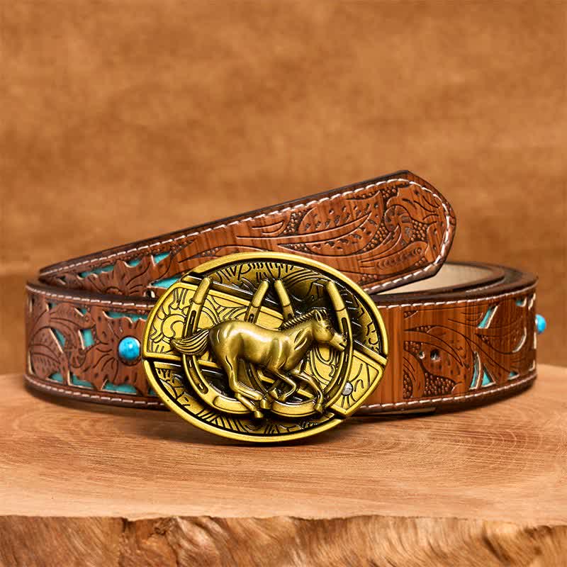 Men's DIY Bronze Galloping Horse Hidden Folding Knife Leather Belt - Galloping Horse - Turquoise Carved Belt - 42 - image 6