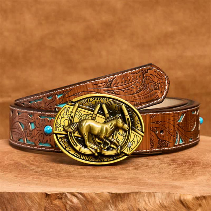 Men's DIY Bronze Galloping Horse Hidden Folding Knife Leather Belt - Galloping Horse - Turquoise Carved Belt - 42 - image 6