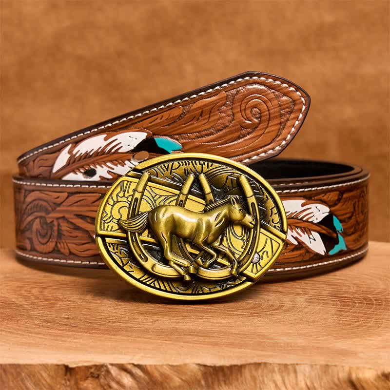 Men's DIY Bronze Galloping Horse Hidden Folding Knife Leather Belt - Galloping Horse - Brown Feather Belt - 40 - image 9