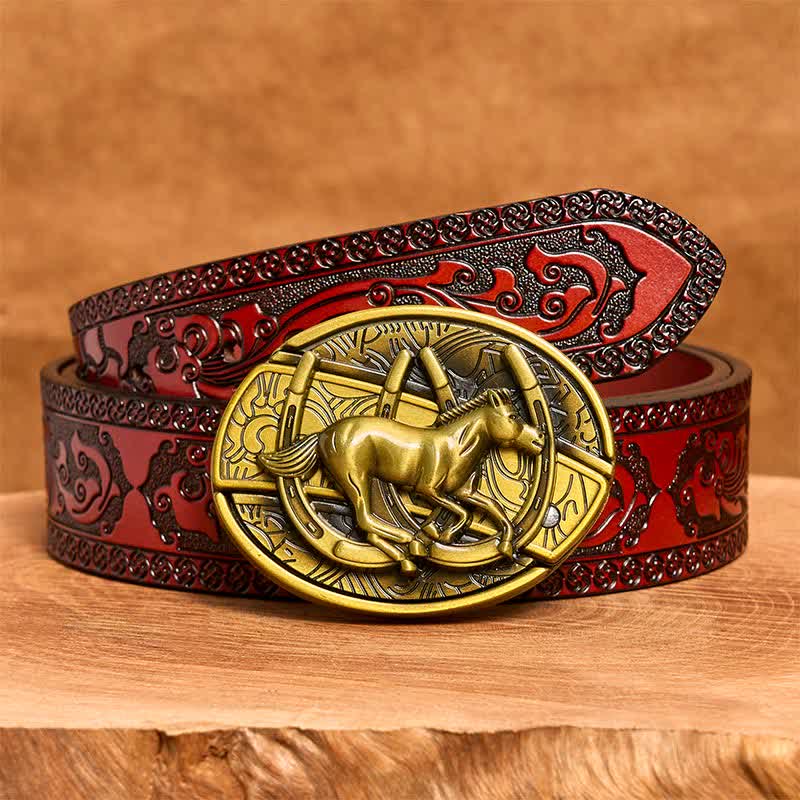Men's DIY Bronze Galloping Horse Hidden Folding Knife Leather Belt - Galloping Horse - Brown Carved Belt - 42 - image 8