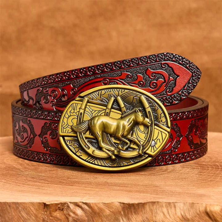 Men's DIY Bronze Galloping Horse Hidden Folding Knife Leather Belt - Galloping Horse - Brown Carved Belt - 42 - image 8