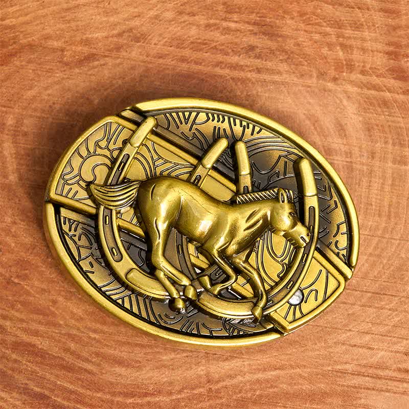 Men's DIY Bronze Galloping Horse Hidden Folding Knife Leather Belt - image 2