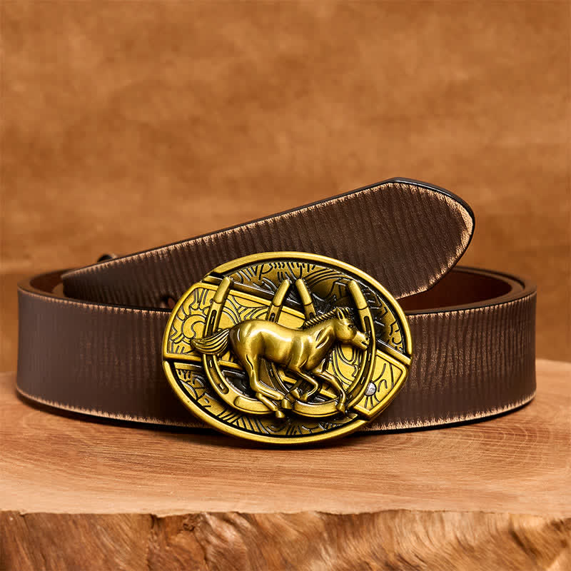 Men's DIY Bronze Galloping Horse Hidden Folding Knife Leather Belt - Galloping Horse - Brown Distressed Belt - 42 - image 8