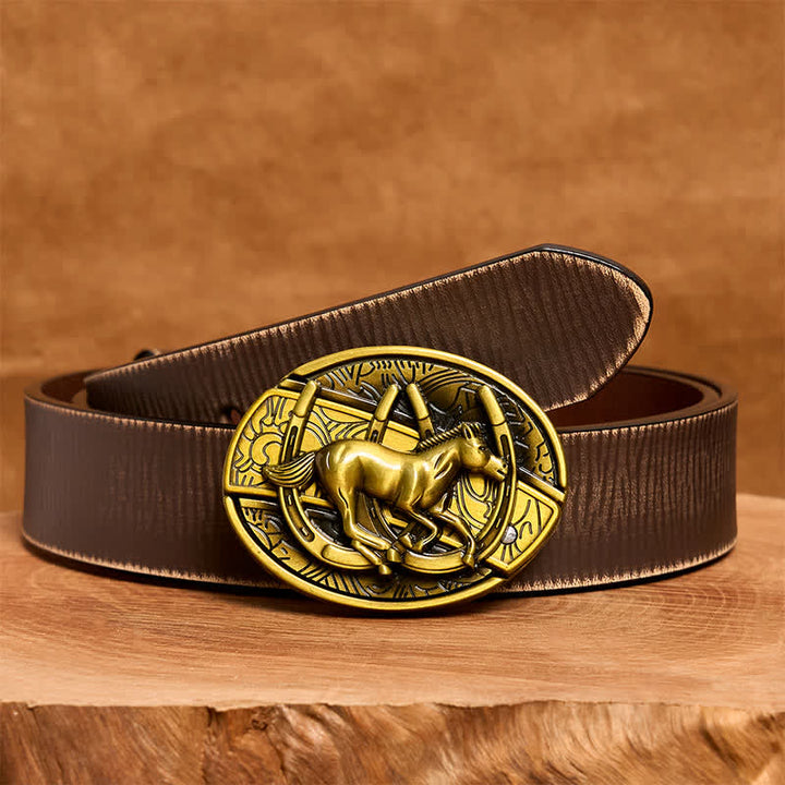 Men's DIY Bronze Galloping Horse Hidden Folding Knife Leather Belt - Galloping Horse - Brown Distressed Belt - 42 - image 8