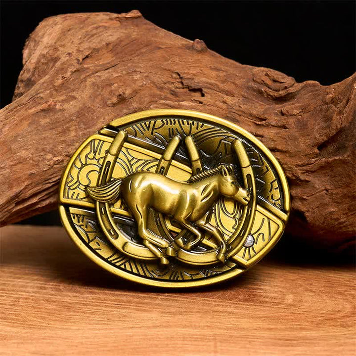 Men's DIY Bronze Galloping Horse Hidden Folding Knife Leather Belt - Galloping Horse - Without Belt - Not Included Belt - image 1