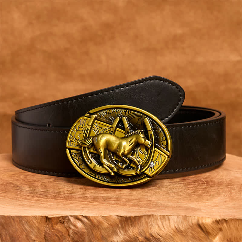 Men's DIY Bronze Galloping Horse Hidden Folding Knife Leather Belt - Galloping Horse - Black PU Belt - 42 - image 4