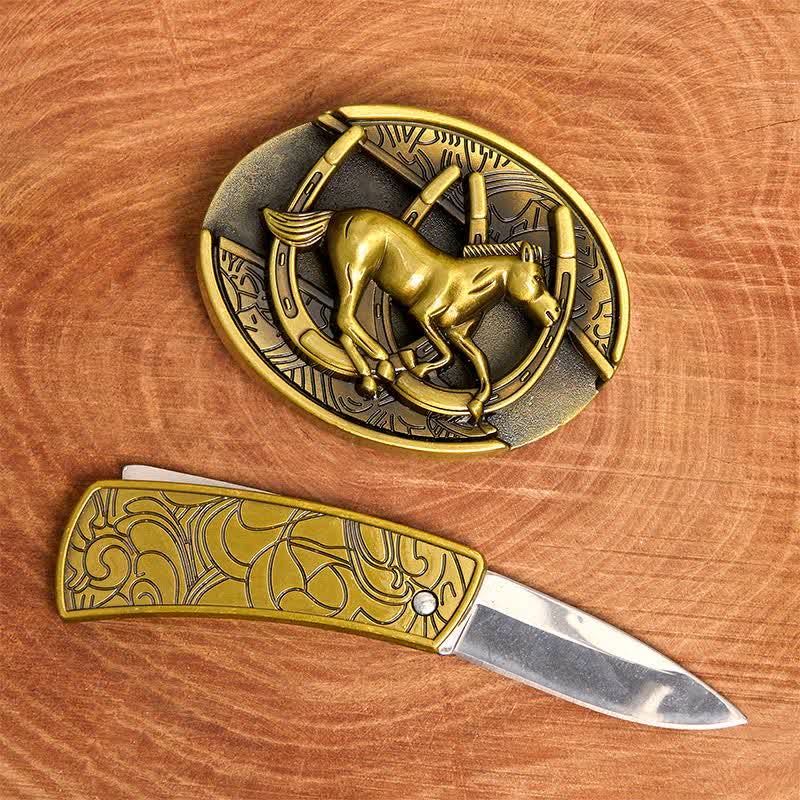 Men's DIY Bronze Galloping Horse Hidden Folding Knife Leather Belt - image 2