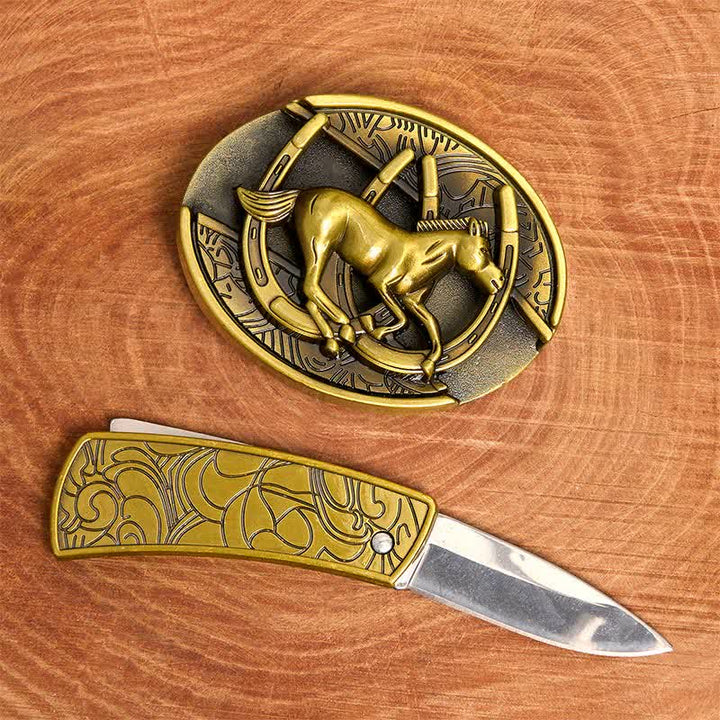 Men's DIY Bronze Galloping Horse Hidden Folding Knife Leather Belt - image 2
