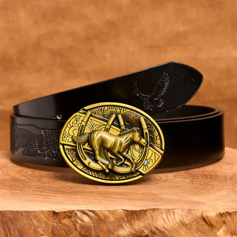 Men's DIY Bronze Galloping Horse Hidden Folding Knife Leather Belt - Galloping Horse - Black Embossed Eagle Belt - 42 - image 6