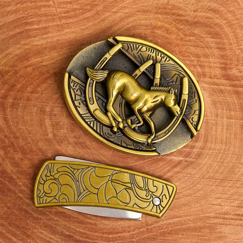 Men's DIY Bronze Galloping Horse Hidden Folding Knife Leather Belt - image 3