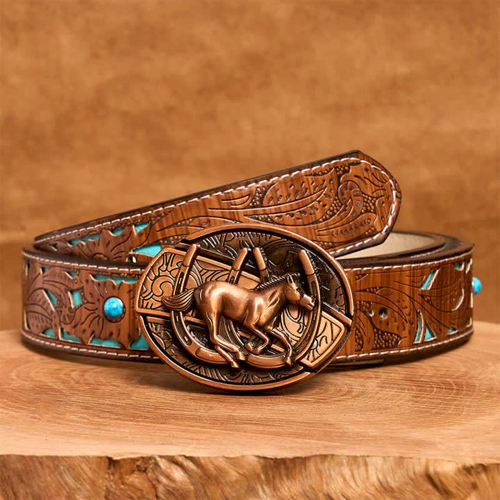 Men's DIY Red Bronze Galloping Horse Hidden Folding Knife Leather Belt - Galloping Horse - Turquoise Carved Belt - 42 - image 6