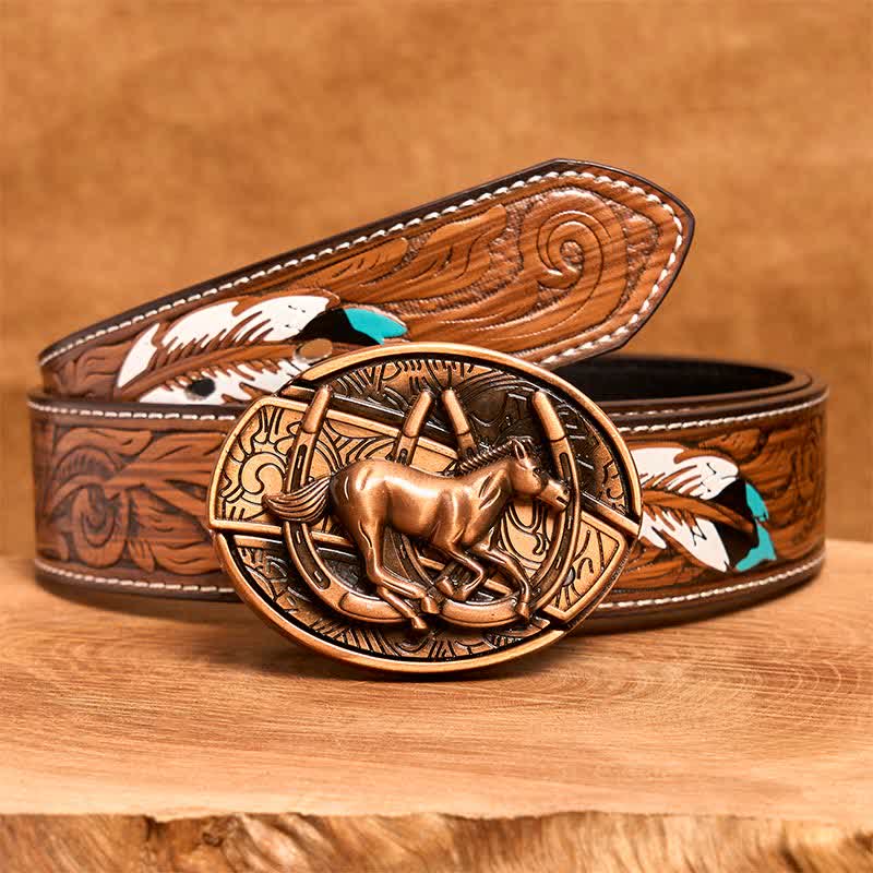 Men's DIY Red Bronze Galloping Horse Hidden Folding Knife Leather Belt - Galloping Horse - Brown Feather Belt - 40 - image 10