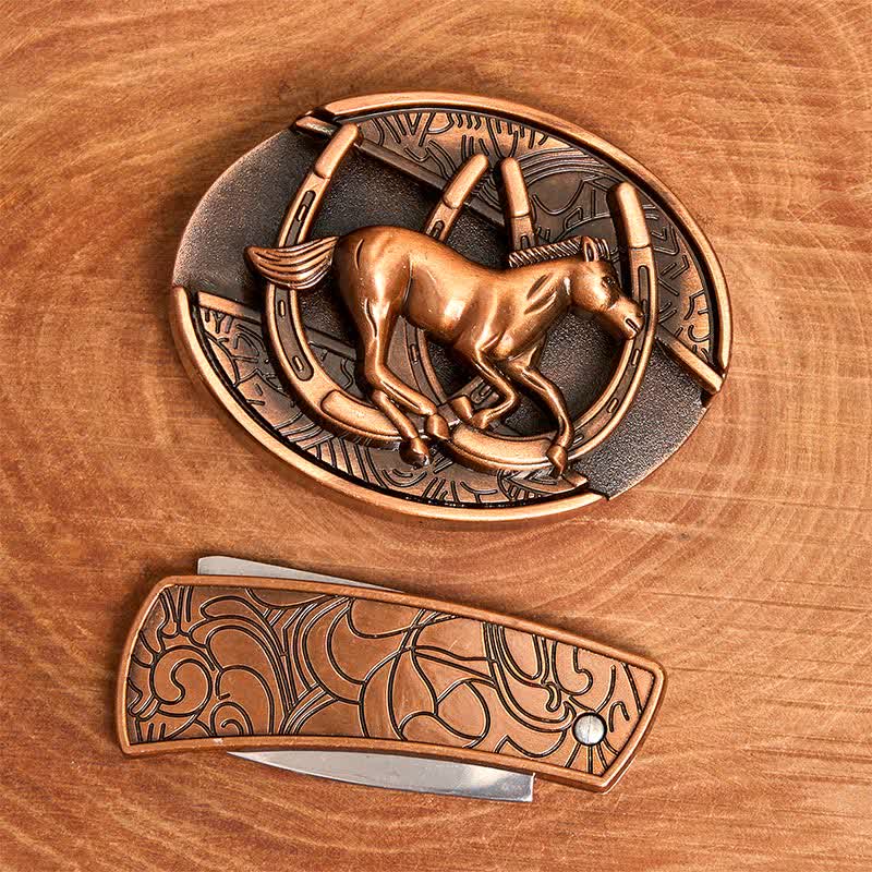 Men's DIY Red Bronze Galloping Horse Hidden Folding Knife Leather Belt - image 4