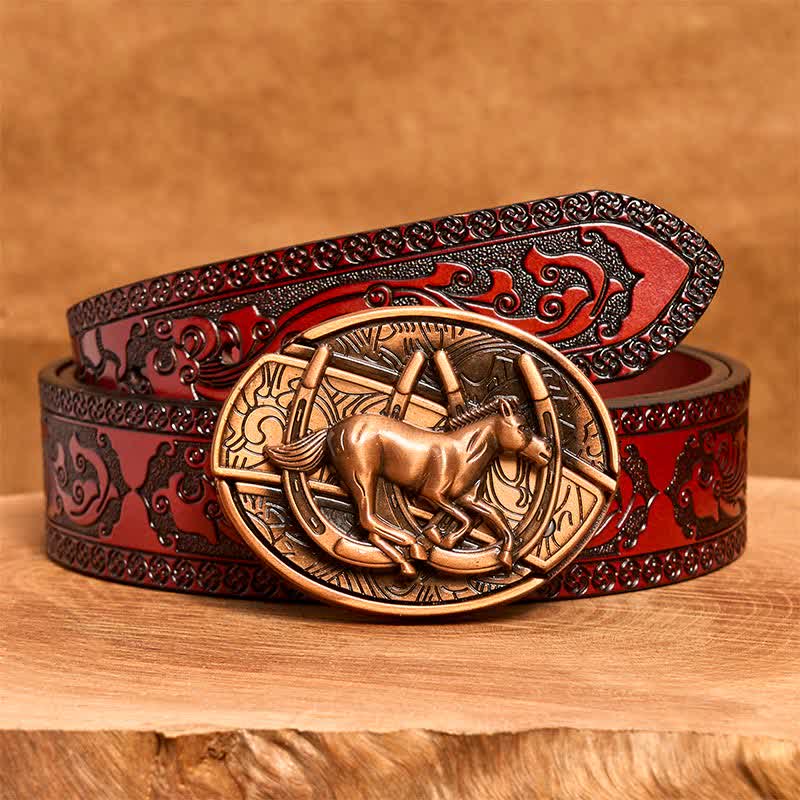 Men's DIY Red Bronze Galloping Horse Hidden Folding Knife Leather Belt - Galloping Horse - Brown Carved Belt - 42 - image 8