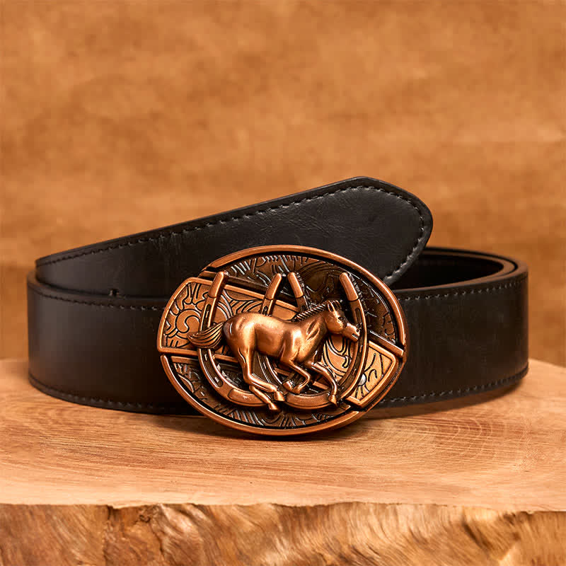 Men's DIY Red Bronze Galloping Horse Hidden Folding Knife Leather Belt - Galloping Horse - Black PU Belt - 42 - image 5