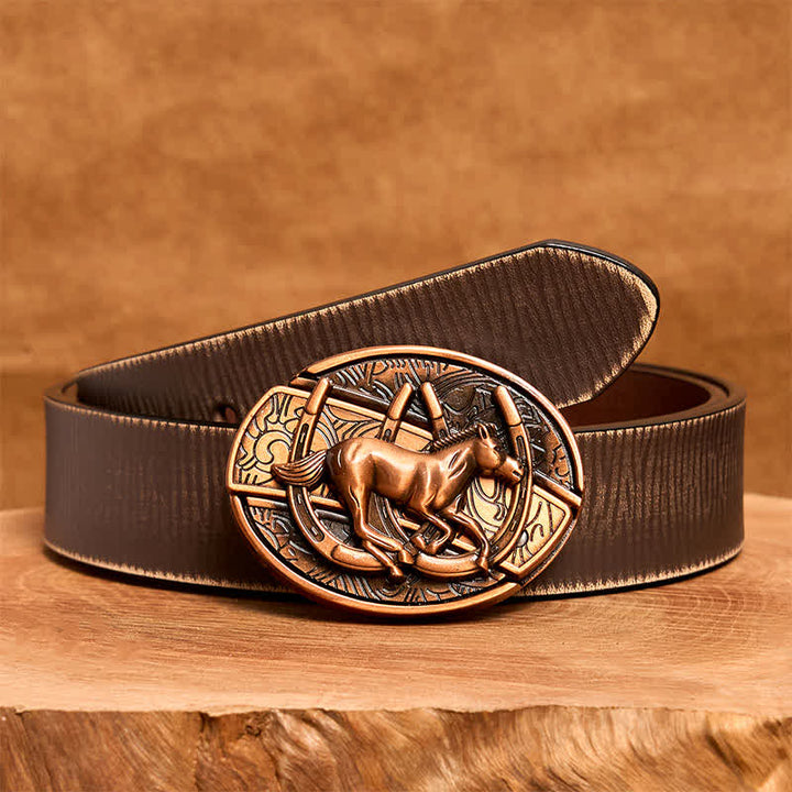 Men's DIY Red Bronze Galloping Horse Hidden Folding Knife Leather Belt - Galloping Horse - Brown Distressed Belt - 42 - image 9