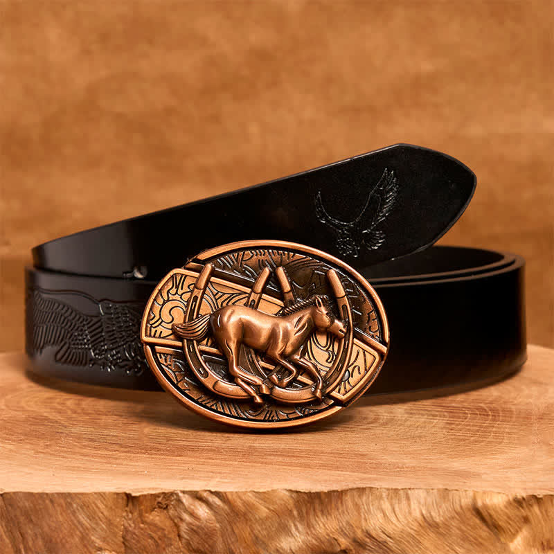 Men's DIY Red Bronze Galloping Horse Hidden Folding Knife Leather Belt - Galloping Horse - Black Embossed Eagle Belt - 42 - image 7