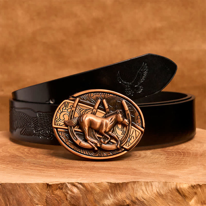 Men's DIY Red Bronze Galloping Horse Hidden Folding Knife Leather Belt - Galloping Horse - Black Embossed Eagle Belt - 42 - image 7