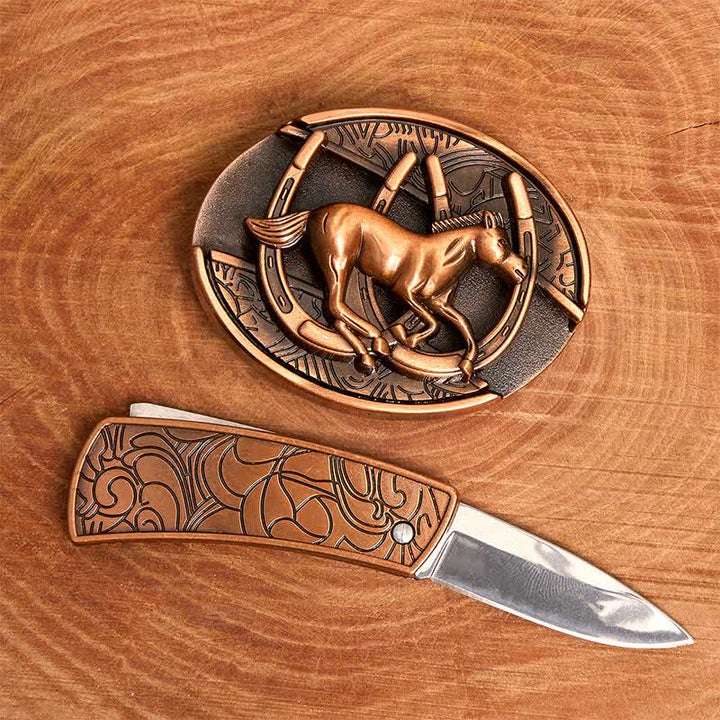 Men's DIY Red Bronze Galloping Horse Hidden Folding Knife Leather Belt - image 2