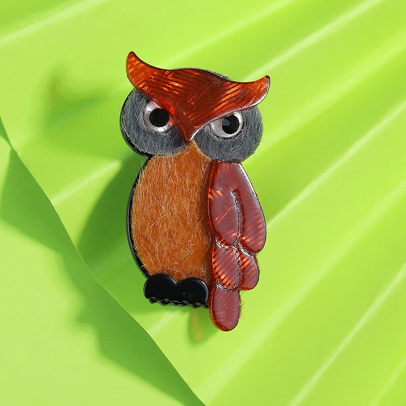 Brown Night Owl Cartoon Bird Handmade Acrylic Brooch - Brown - image 0