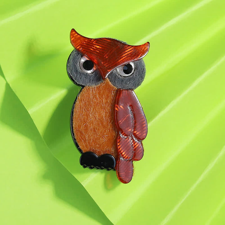 Brown Night Owl Cartoon Bird Handmade Acrylic Brooch - Brown - image 0