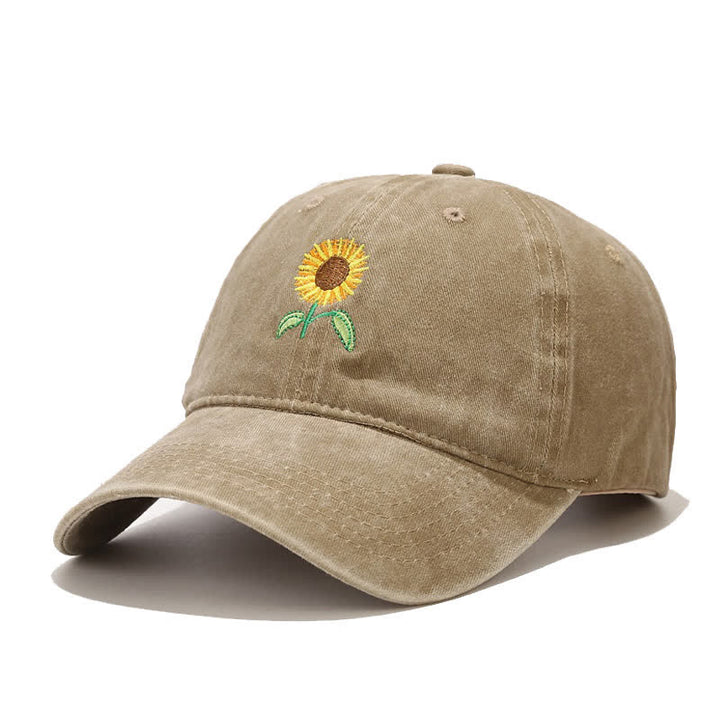 Sunflower Embroidery Floral Adjustable Baseball Cap - Khaki - Adjustable (About 21 5/8"-22 7/8") - image 1