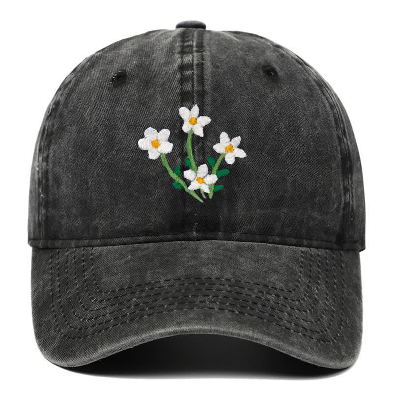 White Flowers Embroidery Floral Adjustable Baseball Cap - Black - Adjustable (About 21 5/8"-22 7/8") - image 1