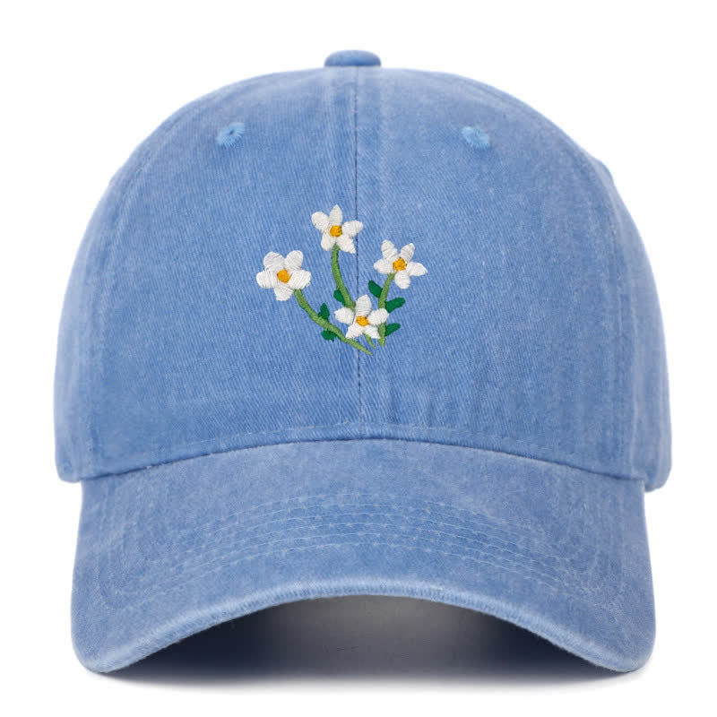 White Flowers Embroidery Floral Adjustable Baseball Cap - Sky Blue - Adjustable (About 21 5/8"-22 7/8") - image 10