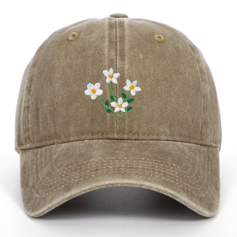 White Flowers Embroidery Floral Adjustable Baseball Cap - Khaki - Adjustable (About 21 5/8"-22 7/8") - image 12