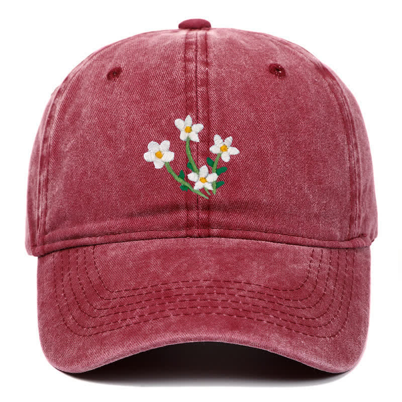 White Flowers Embroidery Floral Adjustable Baseball Cap - Burgundy - Adjustable (About 21 5/8"-22 7/8") - image 5