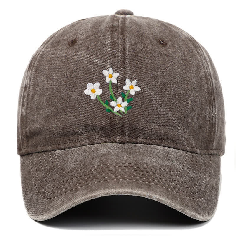 White Flowers Embroidery Floral Adjustable Baseball Cap - Coffee - Adjustable (About 21 5/8"-22 7/8") - image 7