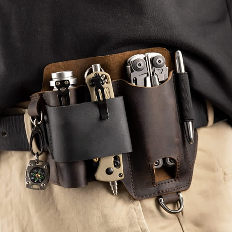 EDC Tool Storage Holster Folding Knife Flashlight Leather Belt Bag - image 1