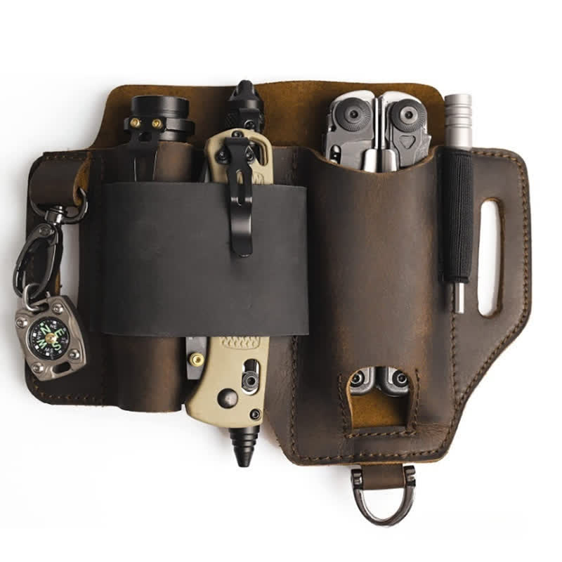 EDC Tool Storage Holster Folding Knife Flashlight Leather Belt Bag - Brown - image 0