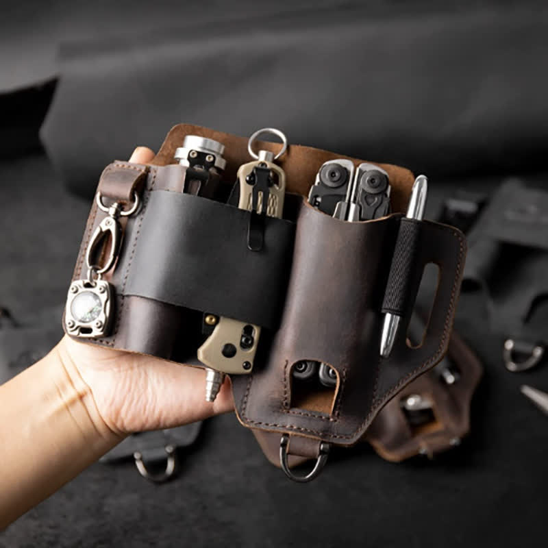 EDC Tool Storage Holster Folding Knife Flashlight Leather Belt Bag - image 3