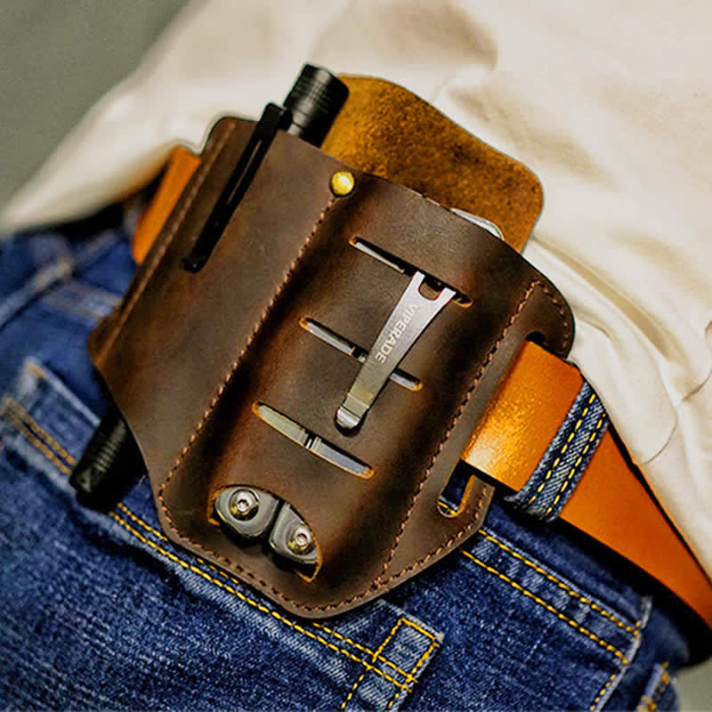 EDC Tool Storage Holster Folding Knife Flashlight Leather Belt Bag - Dark Brown - image 1