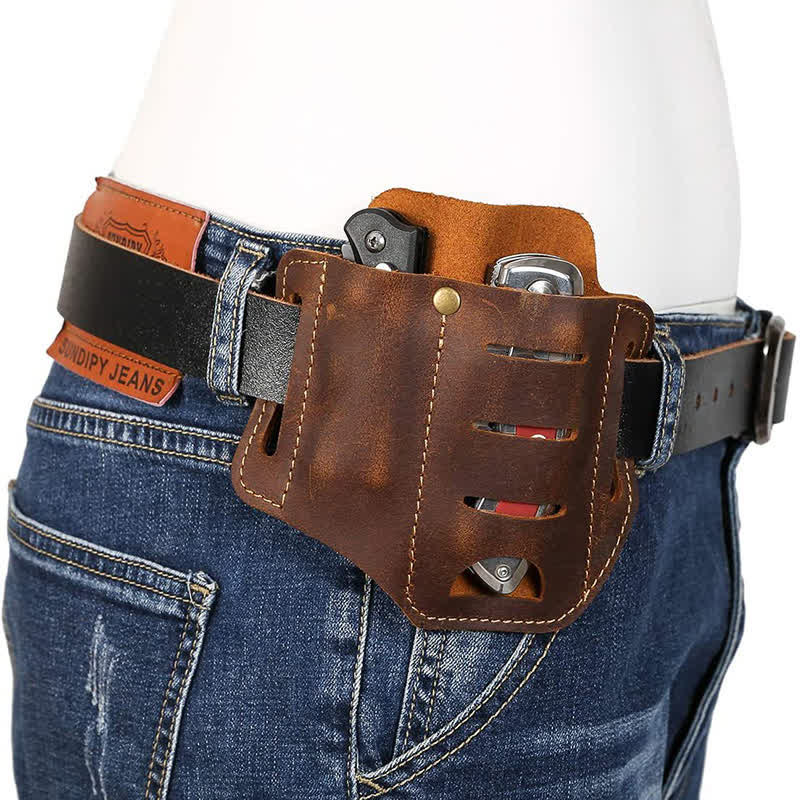 EDC Tool Storage Holster Folding Knife Flashlight Leather Belt Bag - image 2