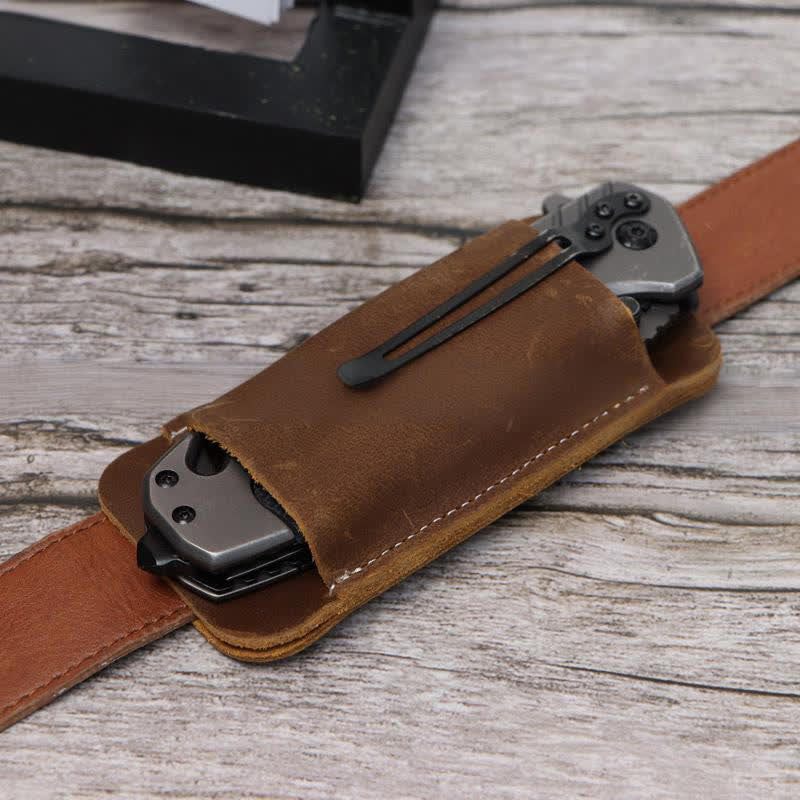 Horizontal Open Bottom Folding Knife Sheath Leather Belt Bag - Brown - image 1