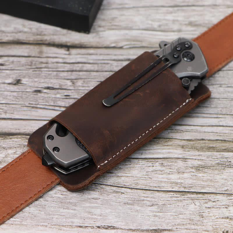 Horizontal Open Bottom Folding Knife Sheath Leather Belt Bag - Dark Brown - image 11