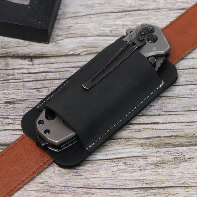 Horizontal Open Bottom Folding Knife Sheath Leather Belt Bag - Black - image 7