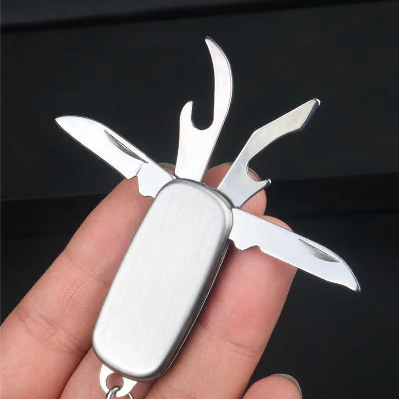 Silver Compact Folding Knife Keychain With Bottle Opener - Silver - image 1
