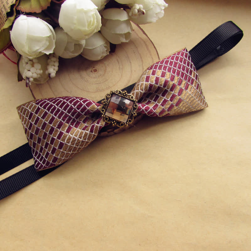 2Pcs Burgundy & Champagne Checked Pattern Pin Bow Tie Set - image 2