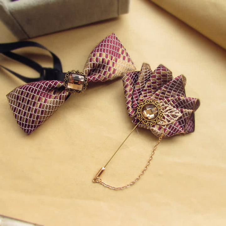 2Pcs Burgundy & Champagne Checked Pattern Pin Bow Tie Set - image 2